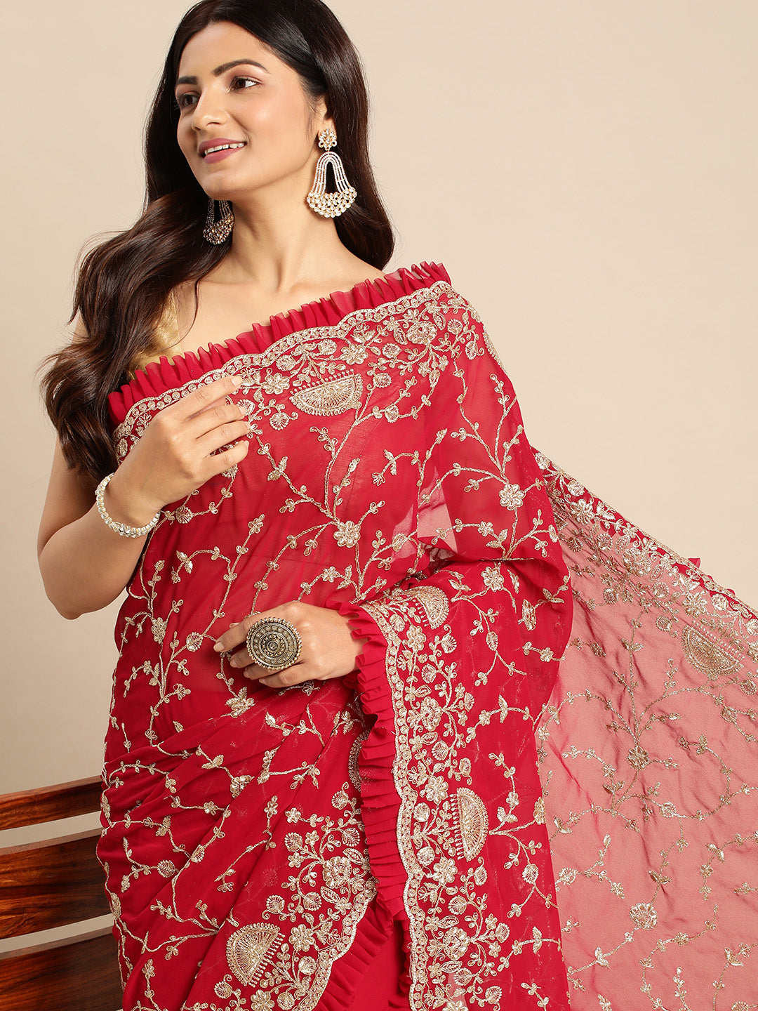 KASEE Women Cherry  Floral Zari Embroidered Pure Georgette Saree with Ruffled Border