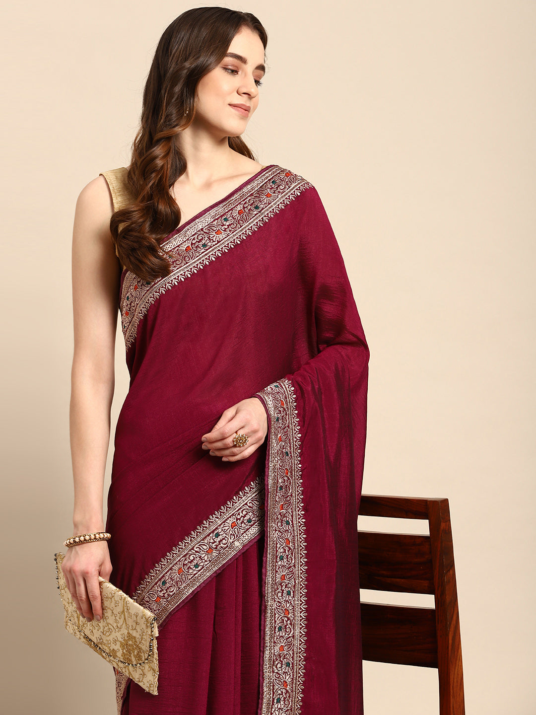 KASEE Women Wine Embroidered Saree with Multicolor Thread Border