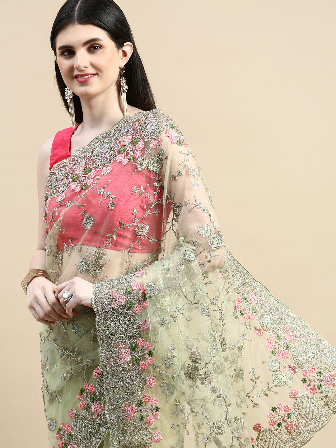 KASEE Women Floral Embroidered Zari Net Saree