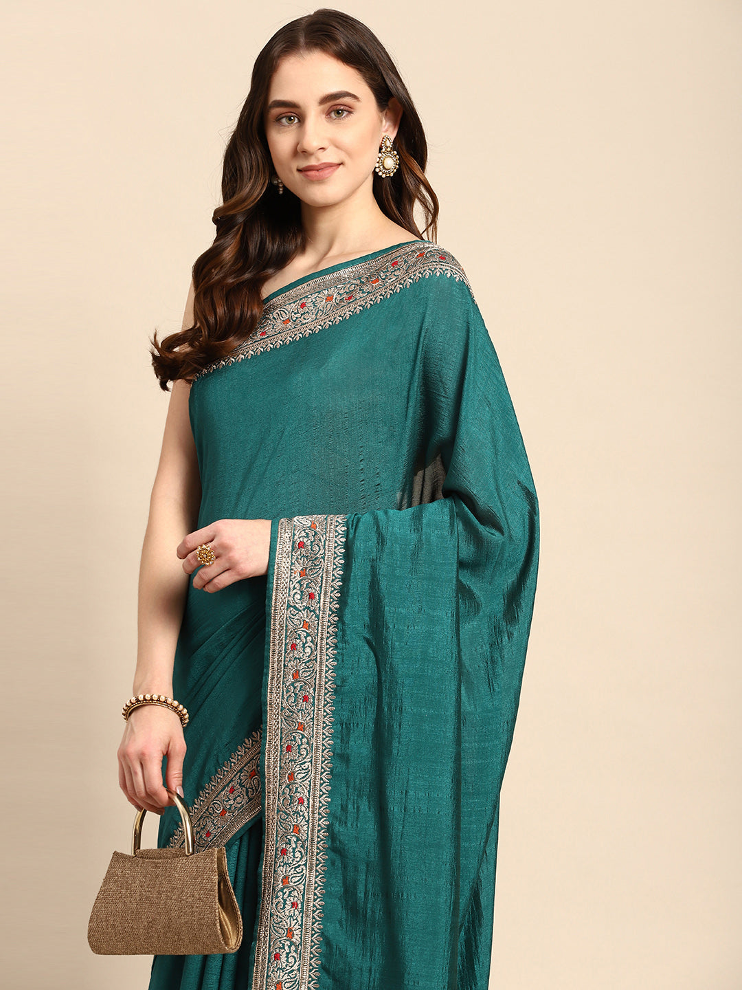 KASEE Women Rama Embroidered Saree with Multicolor Thread Border