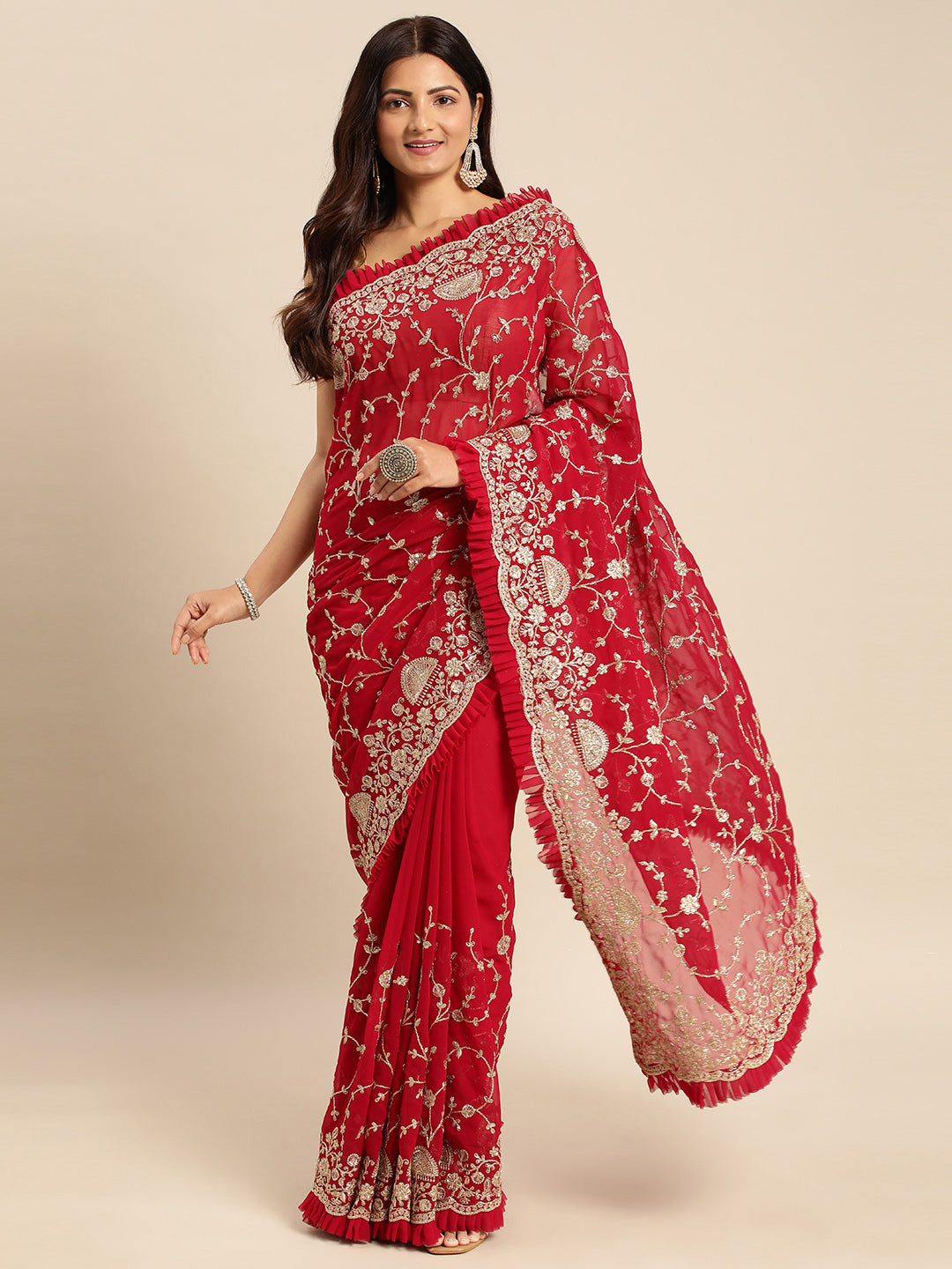 KASEE Women Cherry  Floral Zari Embroidered Pure Georgette Saree with Ruffled Border