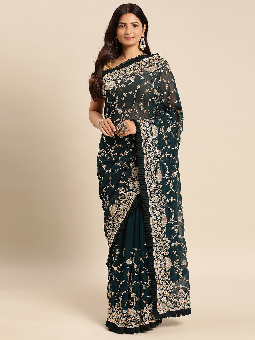 KASEE Women Petrol Green Floral Zari Embroidered Pure Georgette Saree with Ruffled Border