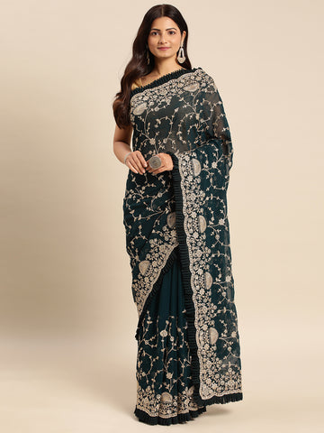 KASEE Women Petrol Green Floral Zari Embroidered Pure Georgette Saree with Ruffled Border