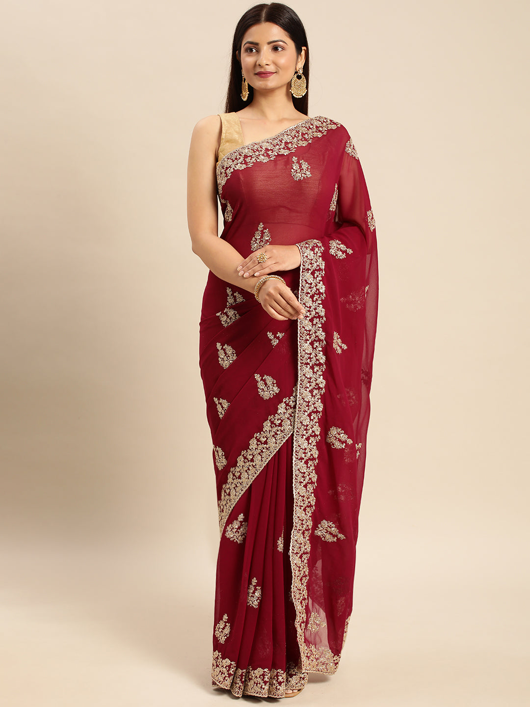 KASEE Women Wine Georgette Saree with Silver Embroidered Motifs and Border
