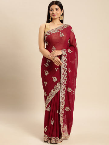 KASEE Women Wine Georgette Saree with Silver Embroidered Motifs and Border