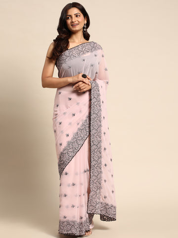 KASEE Women Lavender Floral Pure Chiffon Saree