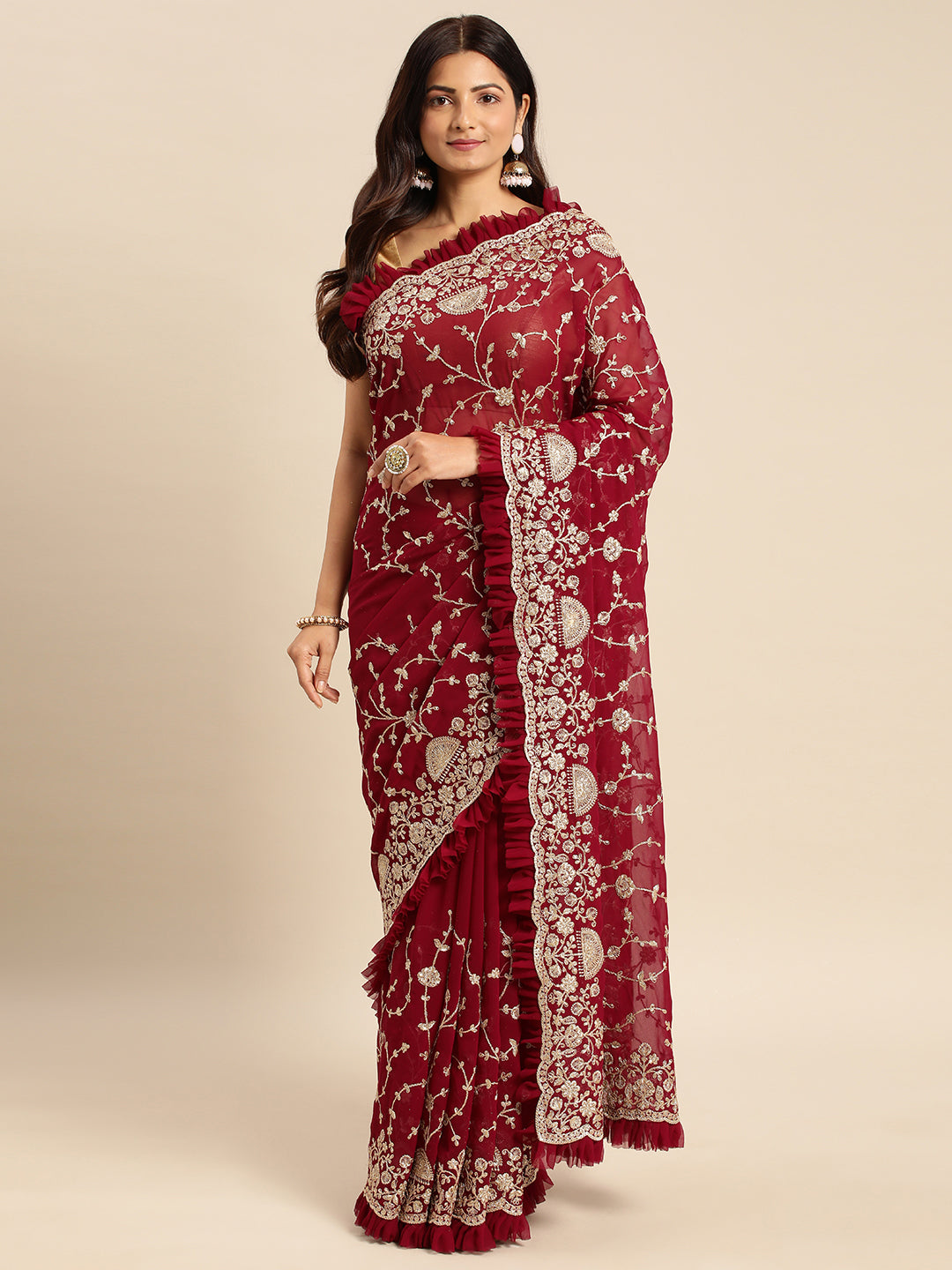 KASEE Women Wine Floral Zari Embroidered Pure Georgette Saree with Ruffled Border