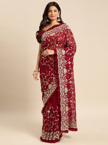 KASEE Women Wine Floral Zari Embroidered Pure Georgette Saree with Ruffled Border