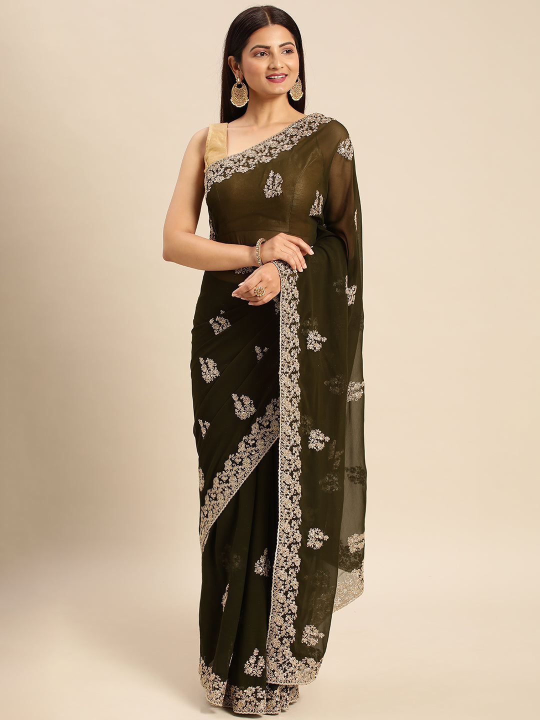 KASEE Women Mahendi Georgette Saree with Silver Embroidered Motifs and Border