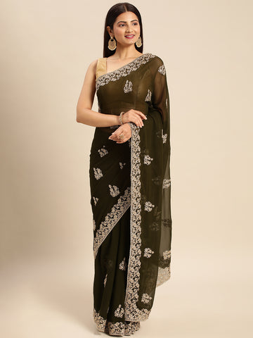 KASEE Women Mahendi Georgette Saree with Silver Embroidered Motifs and Border