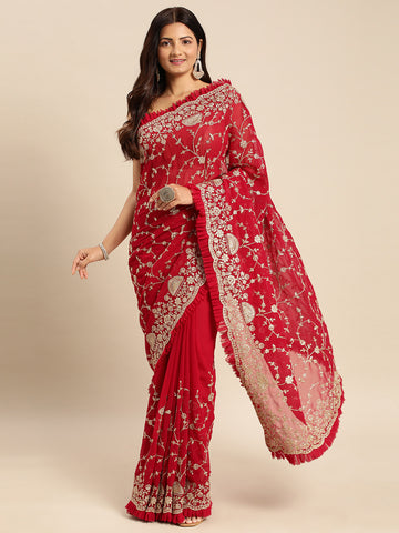 KASEE Women Cherry  Floral Zari Embroidered Pure Georgette Saree with Ruffled Border