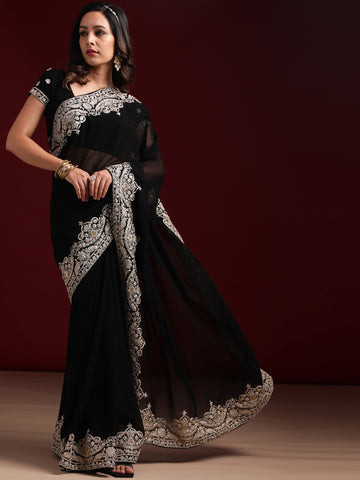 Kasee Women Black Embroidered Poly Georgette Saree