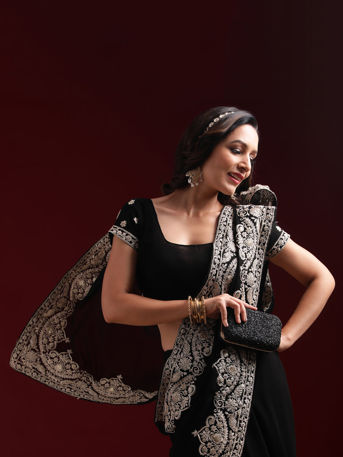 Kasee Women Black Embroidered Poly Georgette Saree