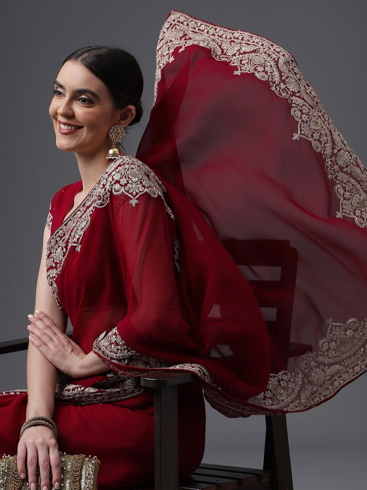 Kasee Women Wine Embroidered Poly Georgette Saree