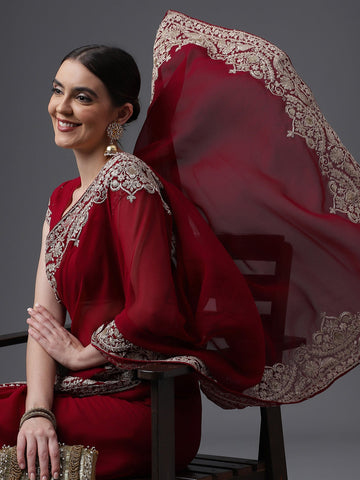 Kasee Women Wine Embroidered Poly Georgette Saree