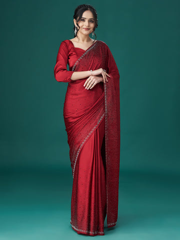 KASEE Women Maroon Beads and Stones Embellished Satin Saree