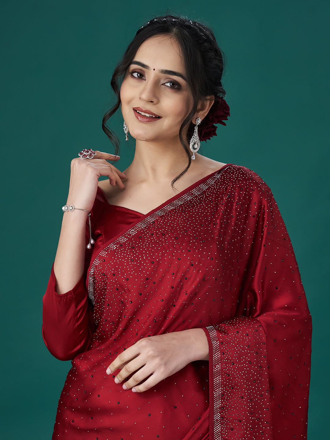 KASEE Women Maroon Beads and Stones Embellished Satin Saree