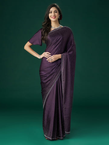 KASEE Women Wine Beads and Stones Embellished Satin Saree