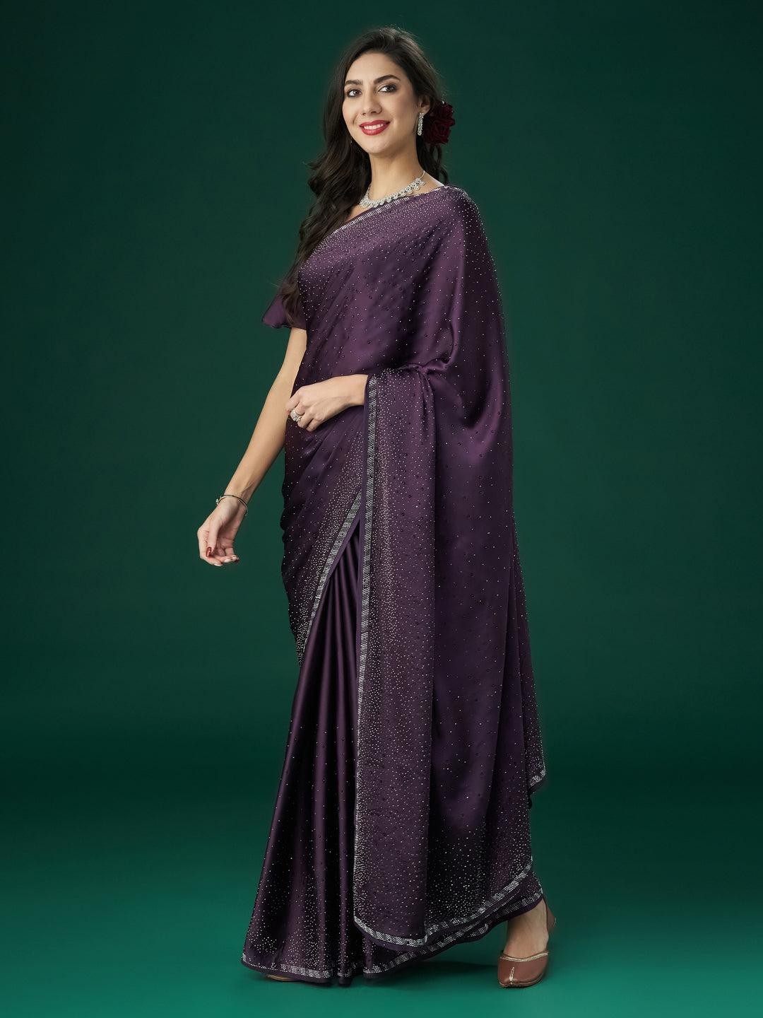 KASEE Women Wine Beads and Stones Embellished Satin Saree