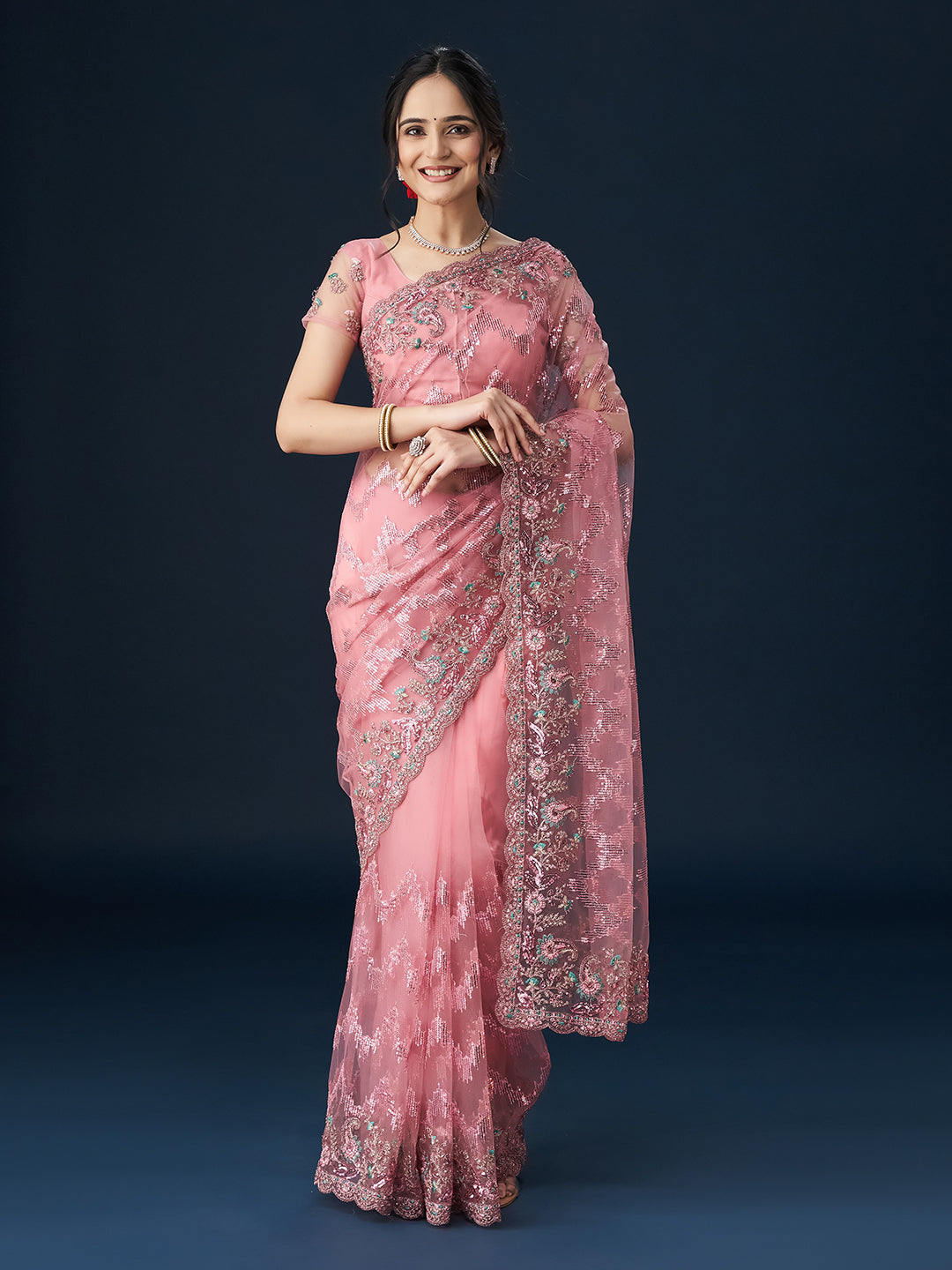 KASEE Women Pink Embellished Zari Sequinned Saree
