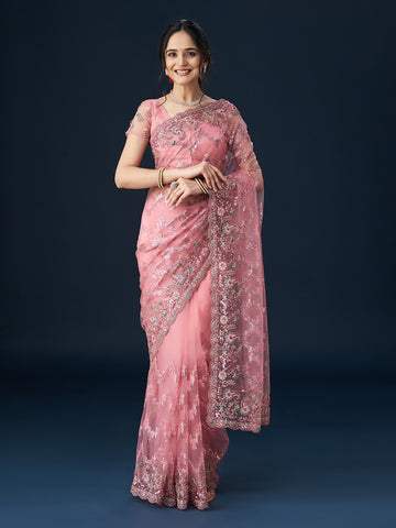 KASEE Women Pink Embellished Zari Sequinned Saree