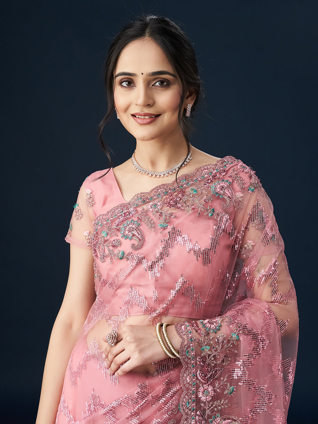 KASEE Women Pink Embellished Zari Sequinned Saree