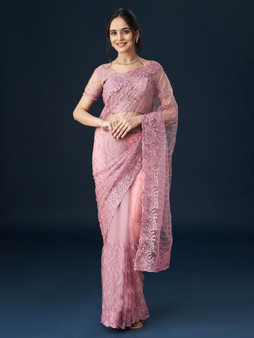 KASEE Women Lavender Geometric Embroidered Sarees