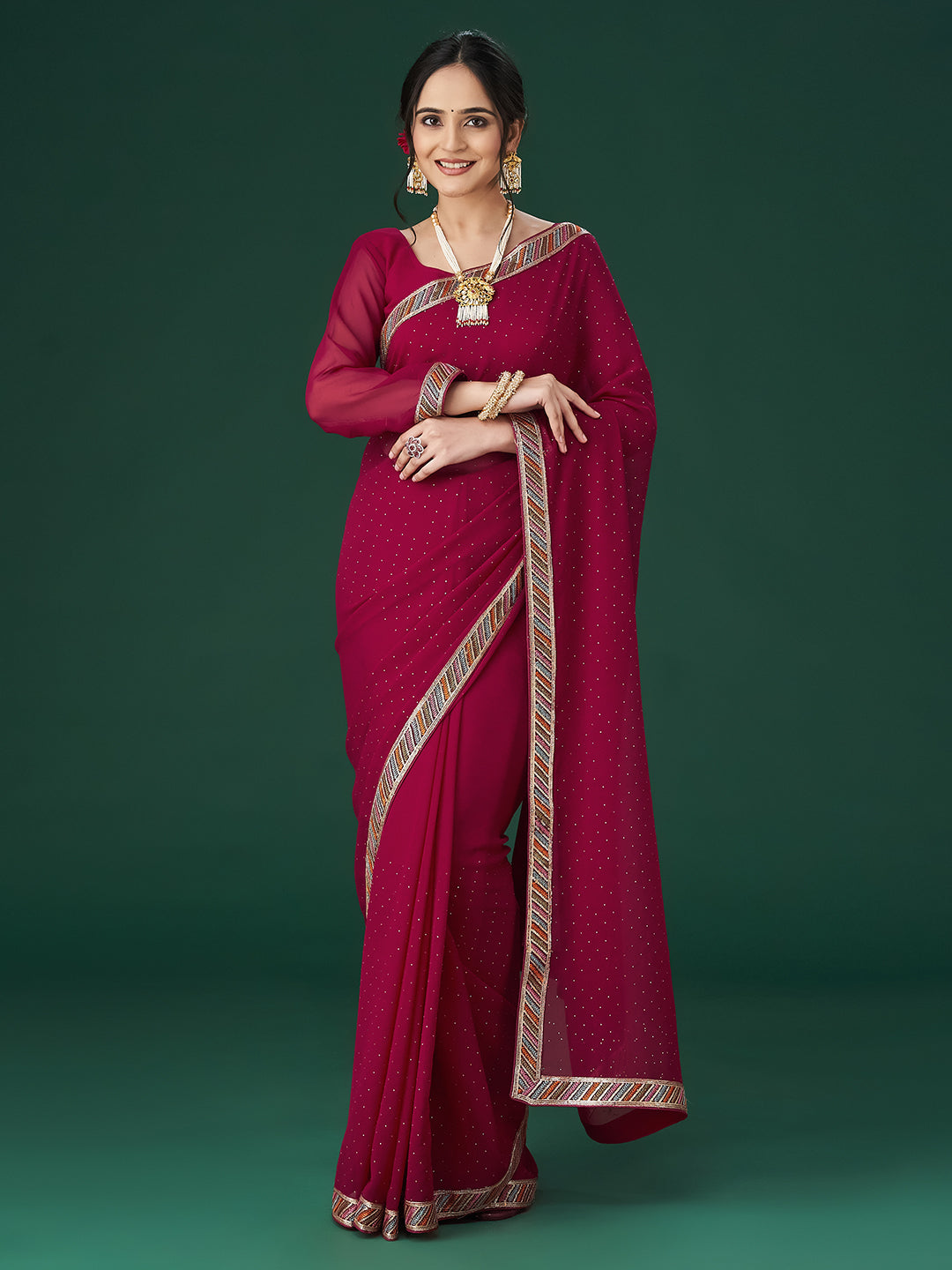 KASEE Women Cherry Polka Dots Embroidered Saree