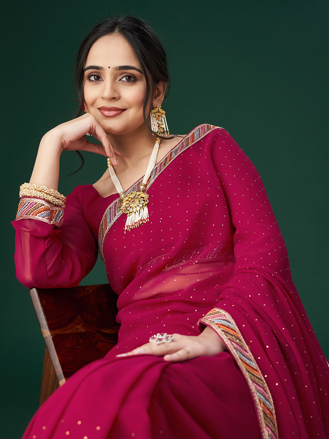 KASEE Women Cherry Polka Dots Embroidered Saree