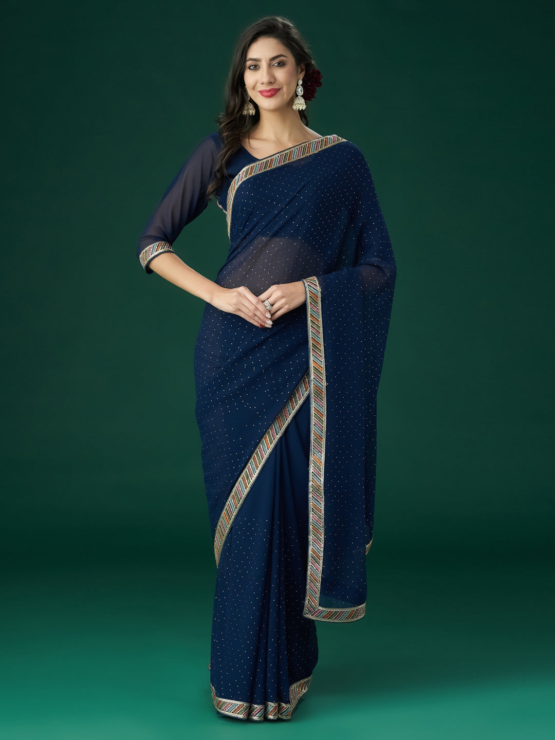 KASEE Women Peacock Blue Polka Dots Embroidered Saree