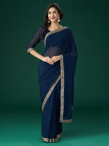 KASEE Women Peacock Blue Polka Dots Embroidered Saree