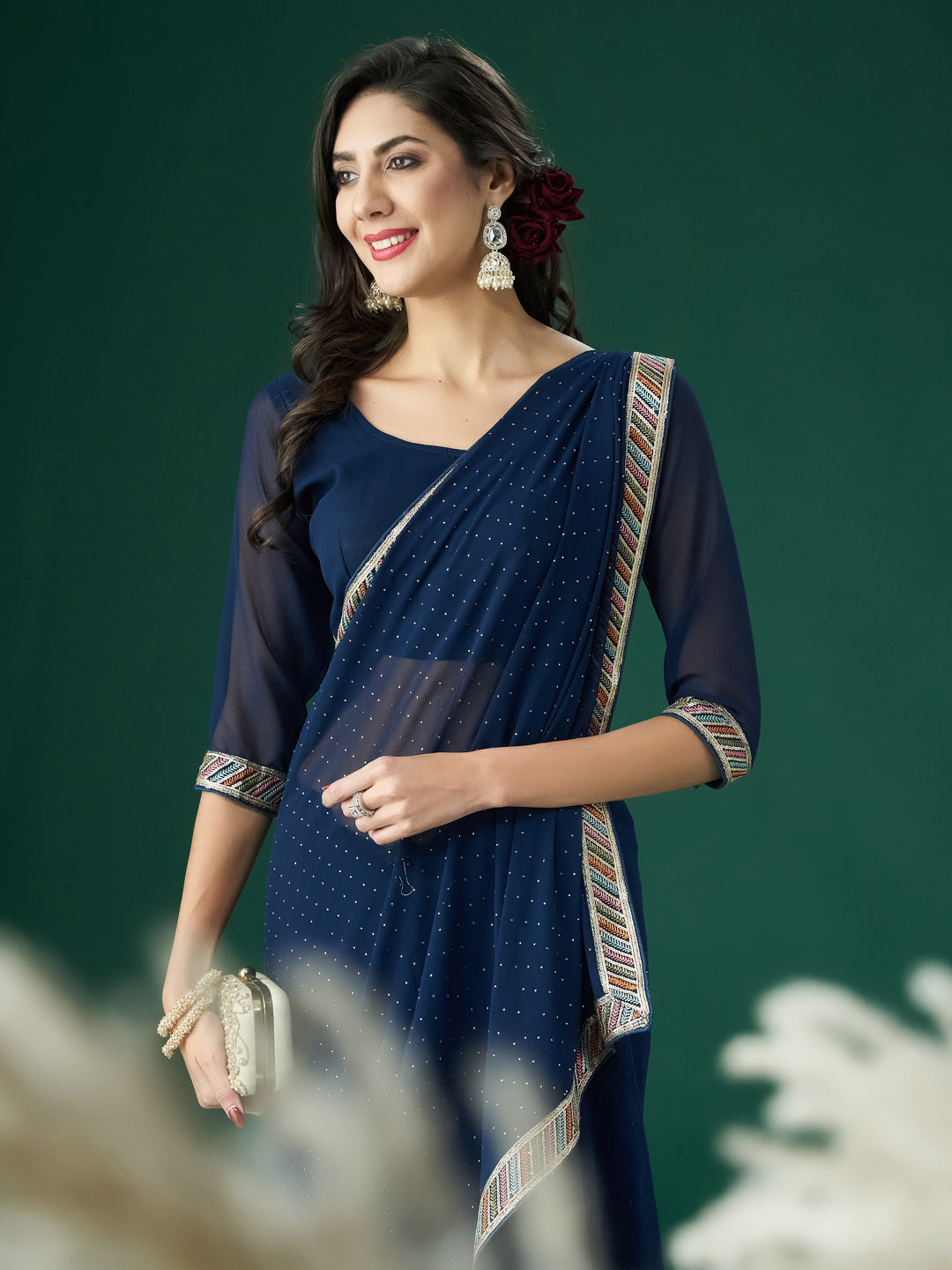 KASEE Women Peacock Blue Polka Dots Embroidered Saree