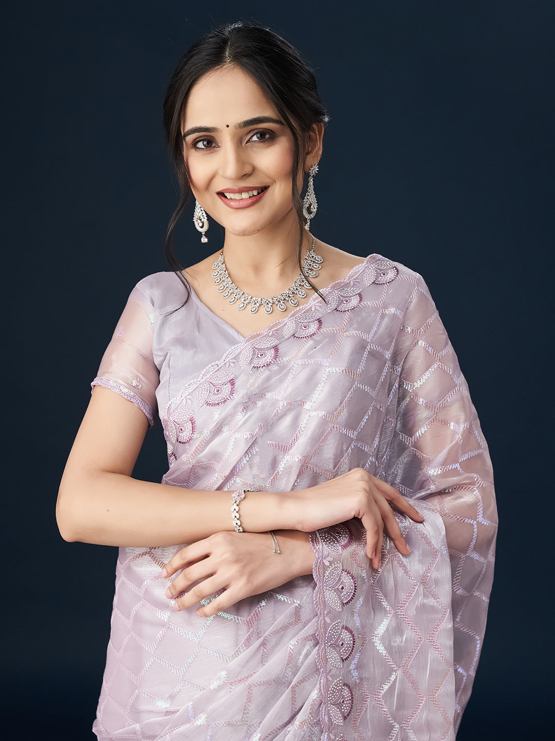 KASEE Women Geometric Lavender Embellished Embroidered Sarees