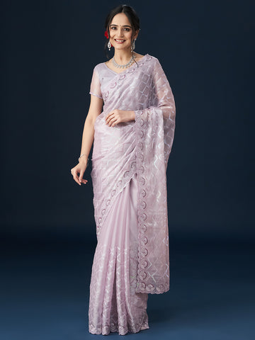 KASEE Women Geometric Lavender Embellished Embroidered Sarees