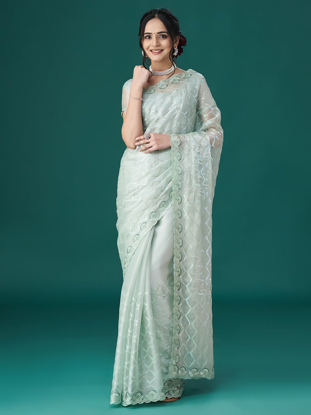 KASEE Women Geometric Sea Green Embellished Embroidered Saree