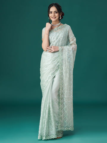 KASEE Women Geometric Sea Green Embellished Embroidered Saree