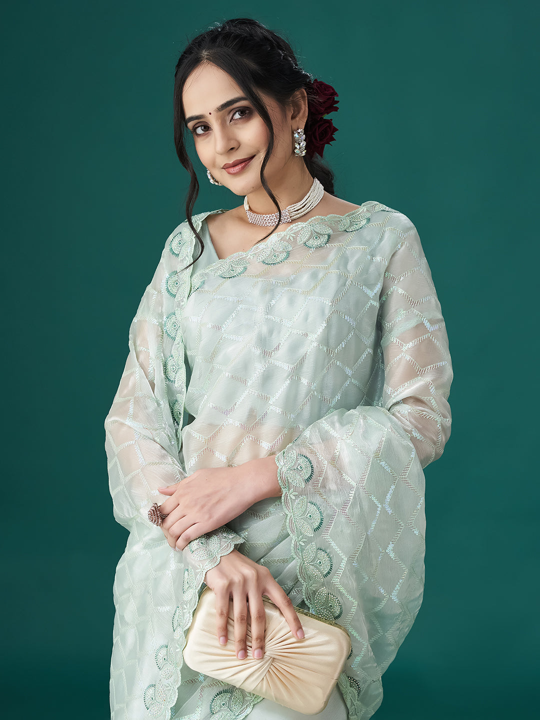KASEE Women Geometric Sea Green Embellished Embroidered Saree