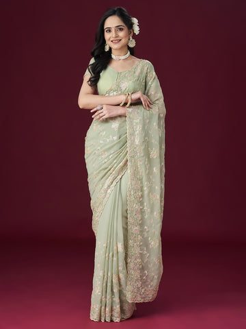 KASEE Women Pista Embellished Sequinned Saree