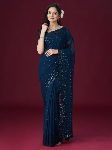 KASEE Women Petrol Floral Embellished Sequinned Sarees