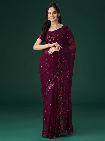KASEE Women Wine Floral Embellished Sequinned Sarees