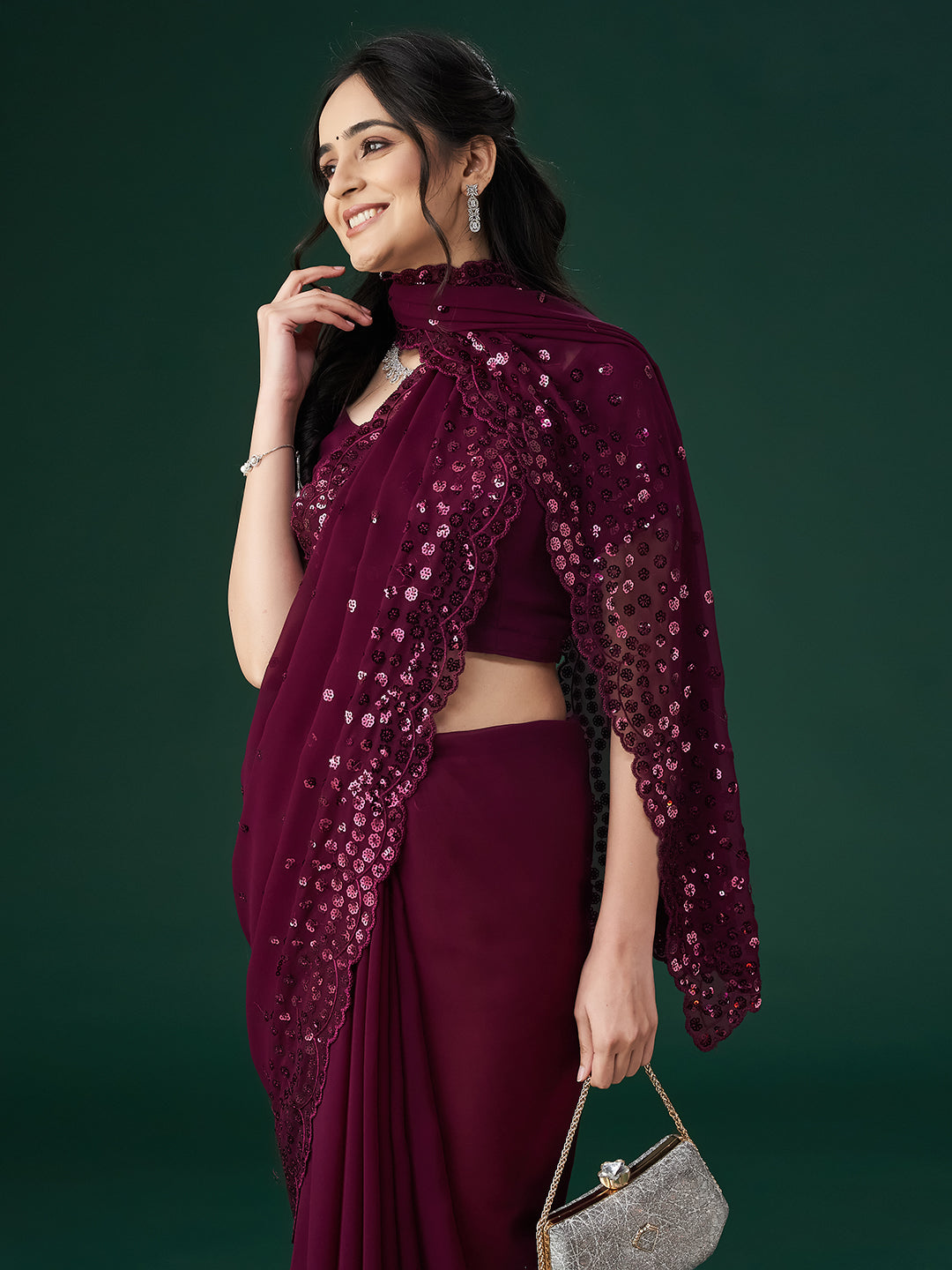 KASEE Women Wine Floral Embellished Sequinned Sarees
