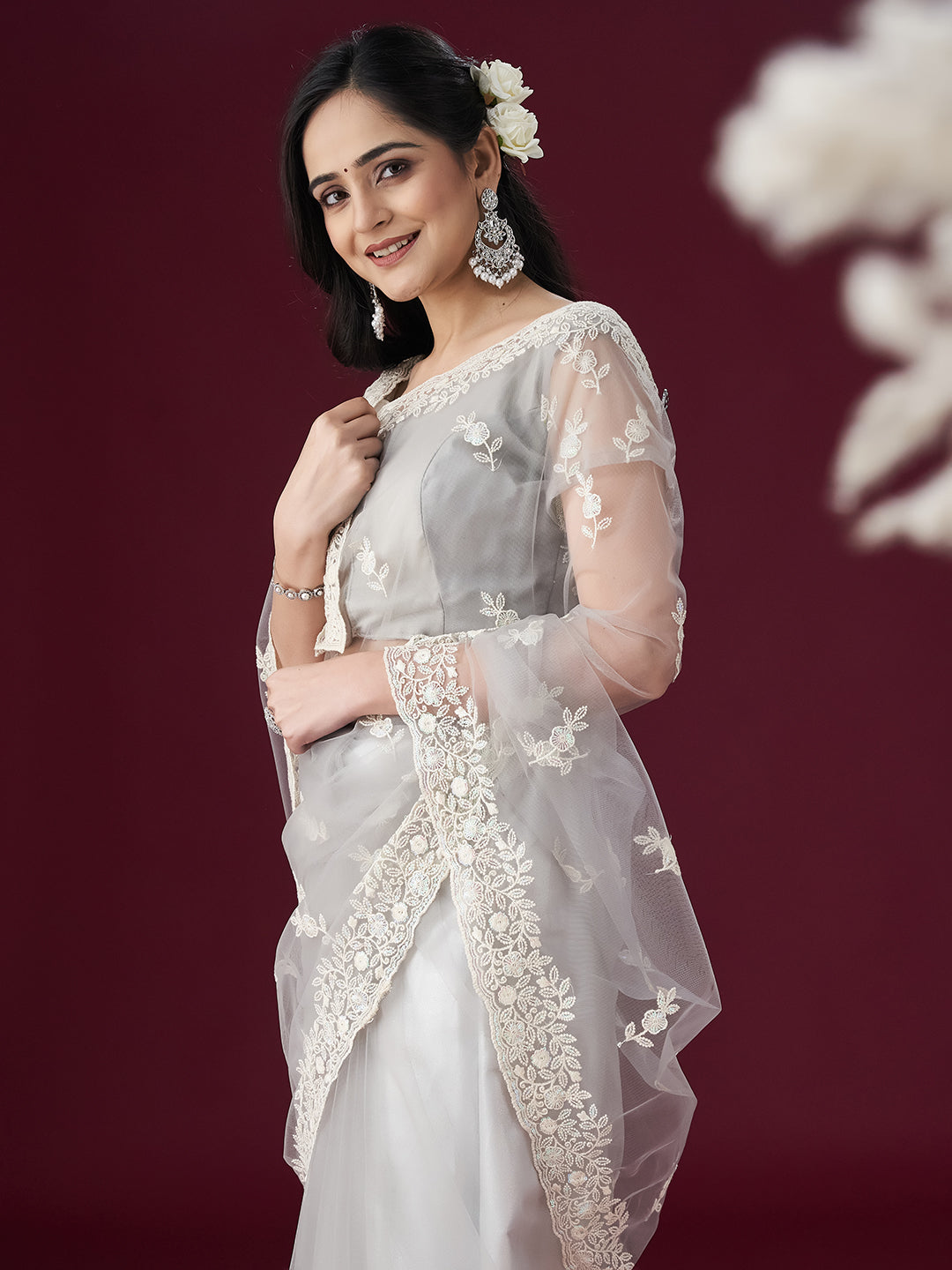 KASEE WomenGrey Floral Embroidered Net Saree