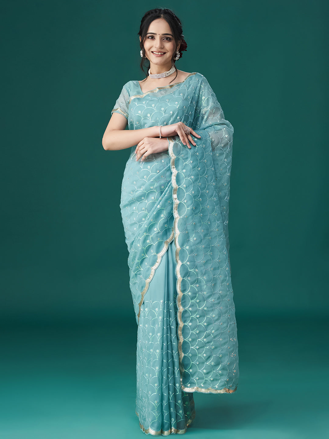 KASEE Women Firozi Embellished Sequinned Organza Saree