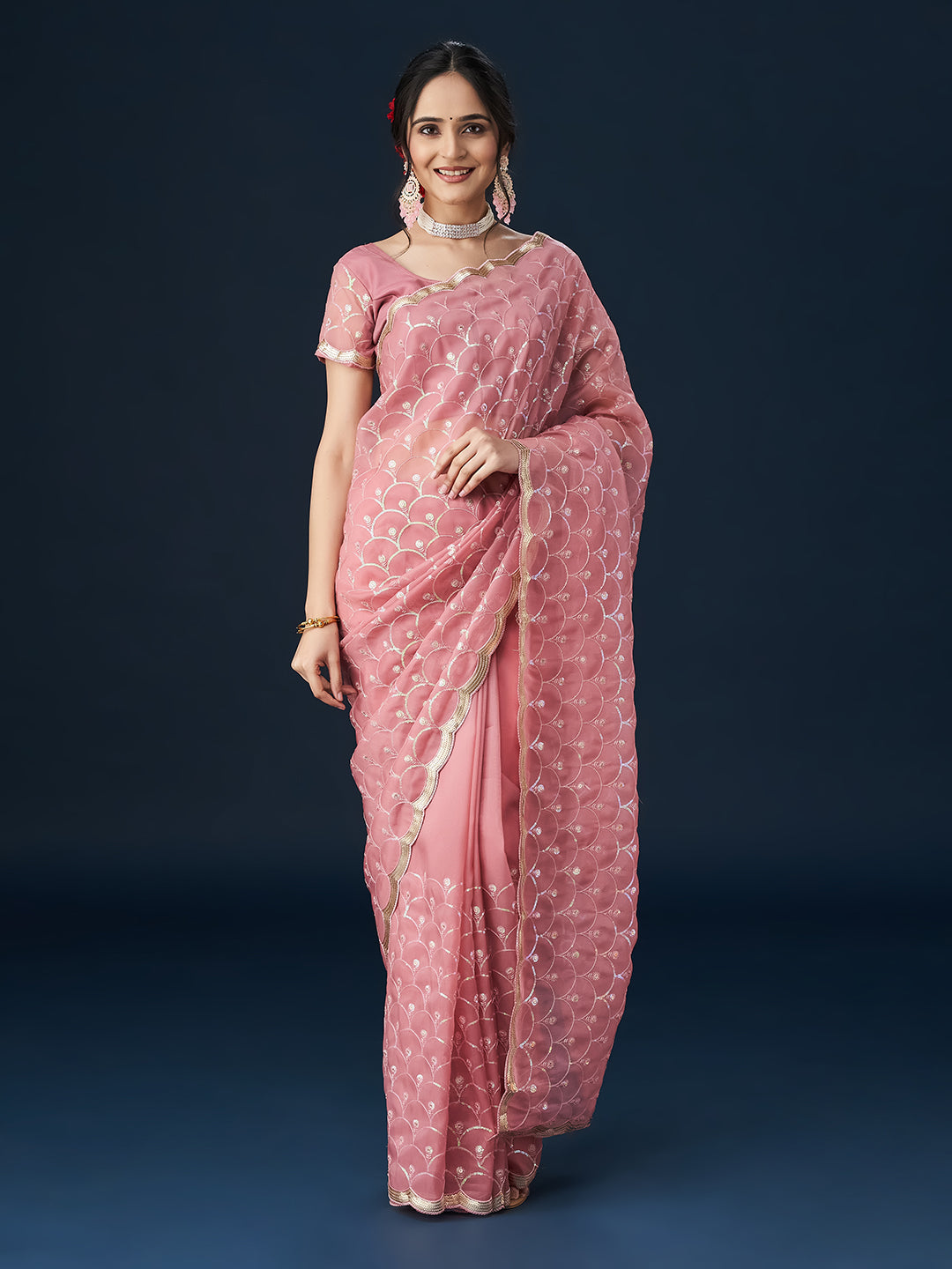 KASEE Women Gajri Embellished Sequinned Organza Saree