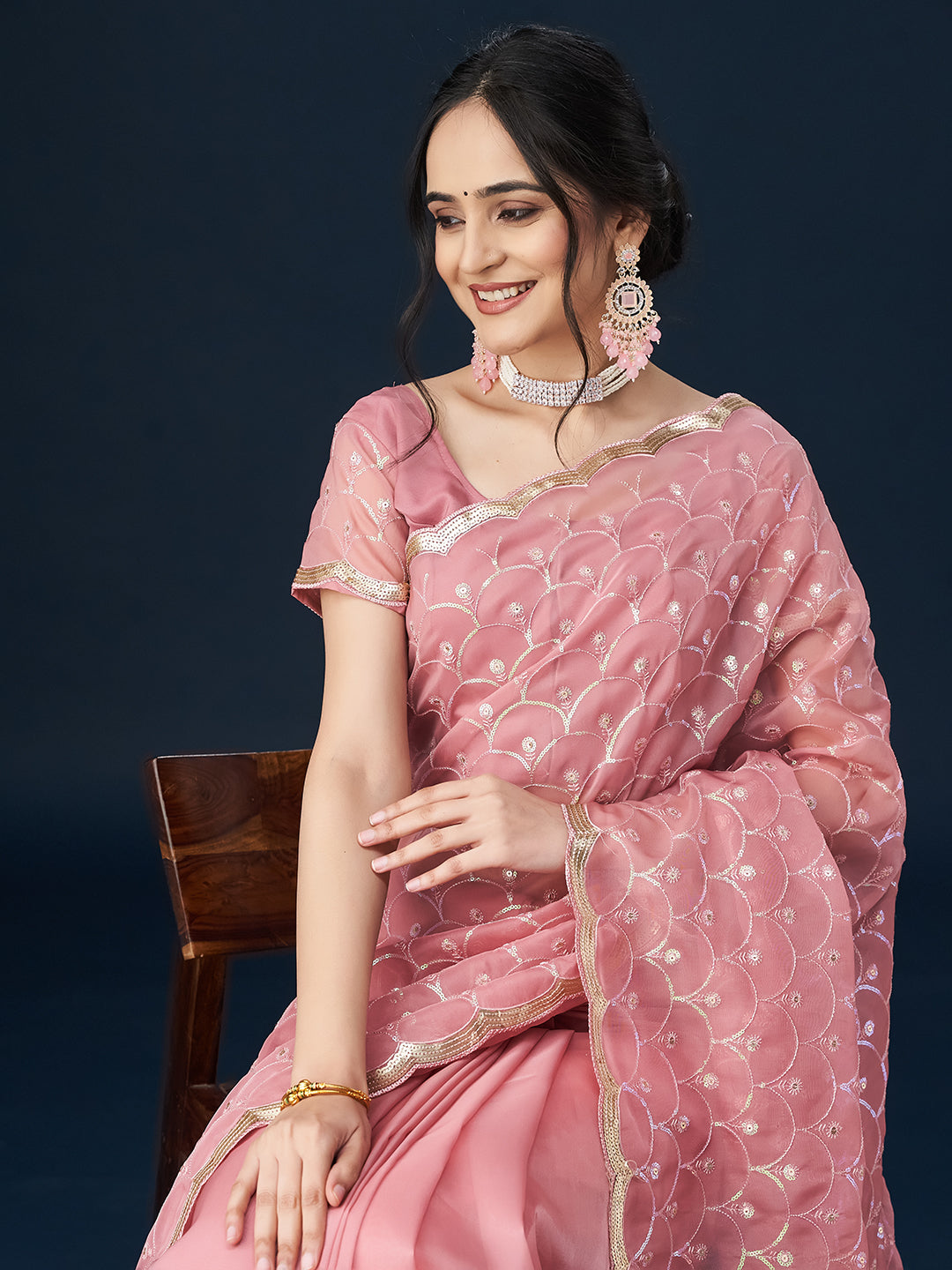 KASEE Women Gajri Embellished Sequinned Organza Saree
