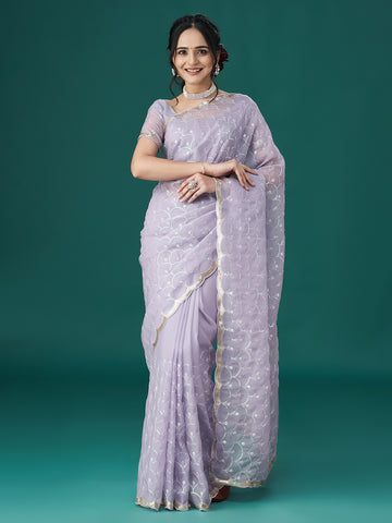 KASEE Women Lavender Embellished Sequinned Organza Saree