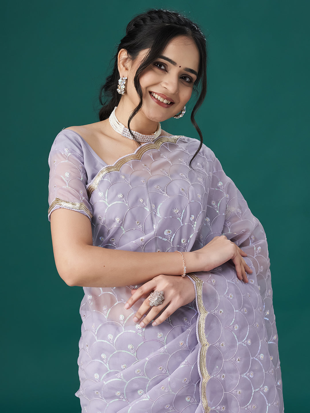 KASEE Women Lavender Embellished Sequinned Organza Saree