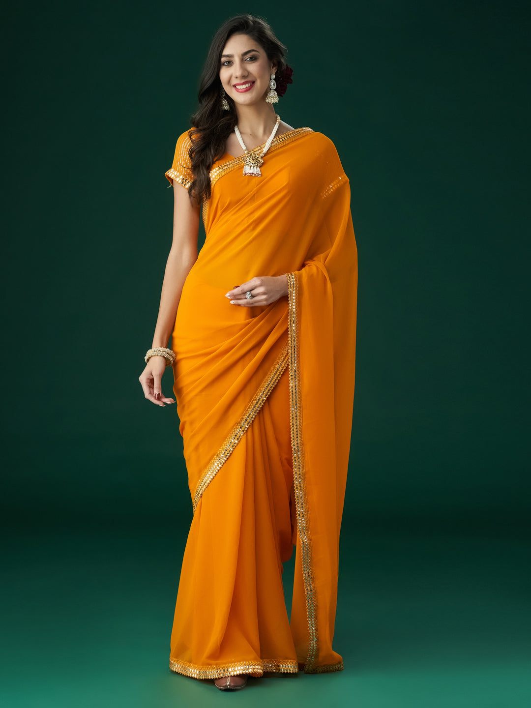 KASEE Women Mustard Embroidered Mirror Work Saree