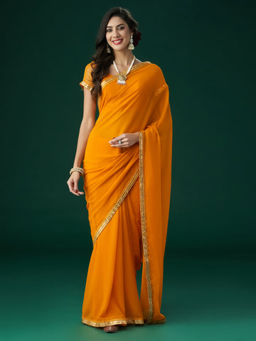 KASEE Women Mustard Embroidered Mirror Work Saree