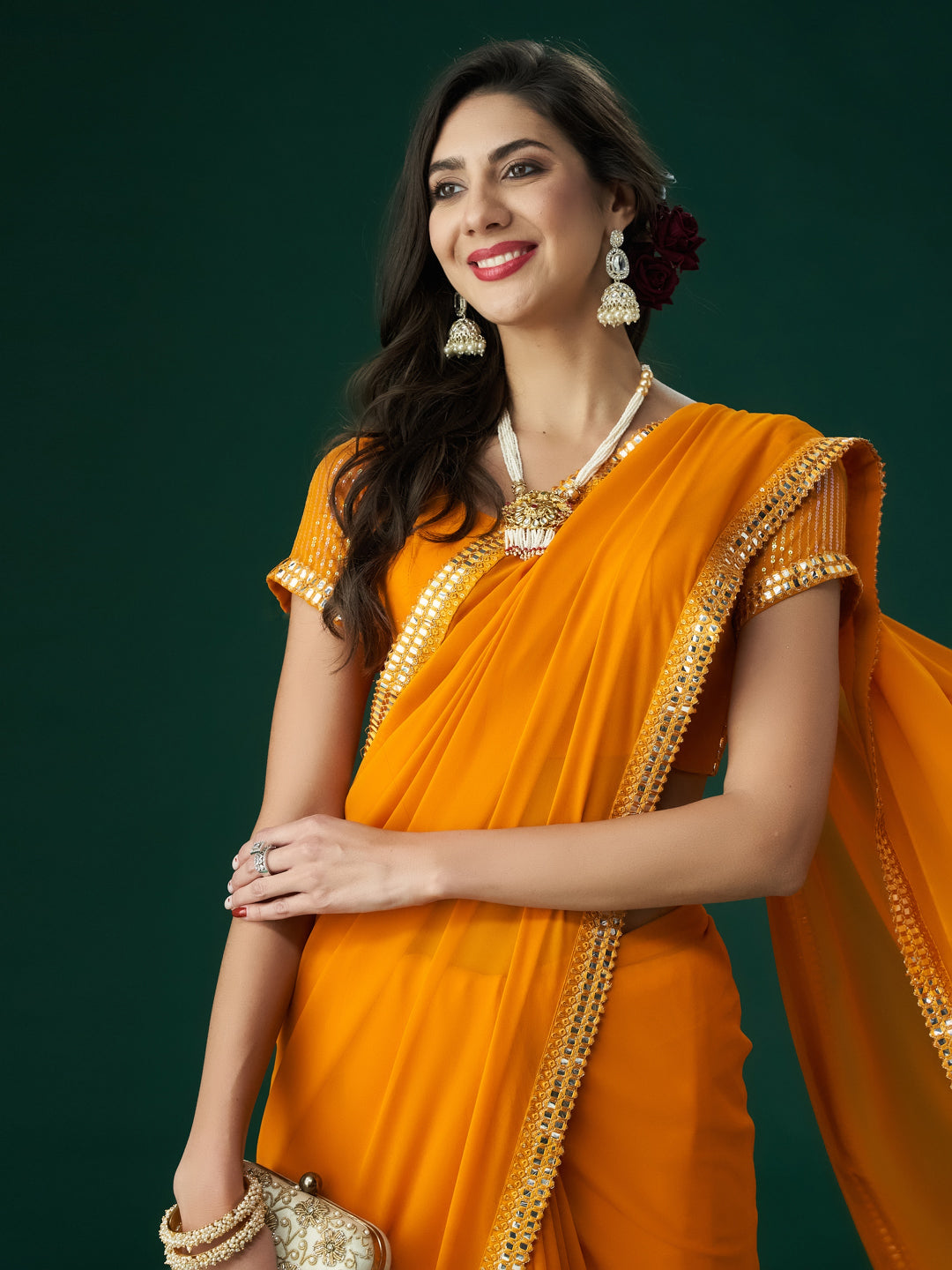 KASEE Women Mustard Embroidered Mirror Work Saree